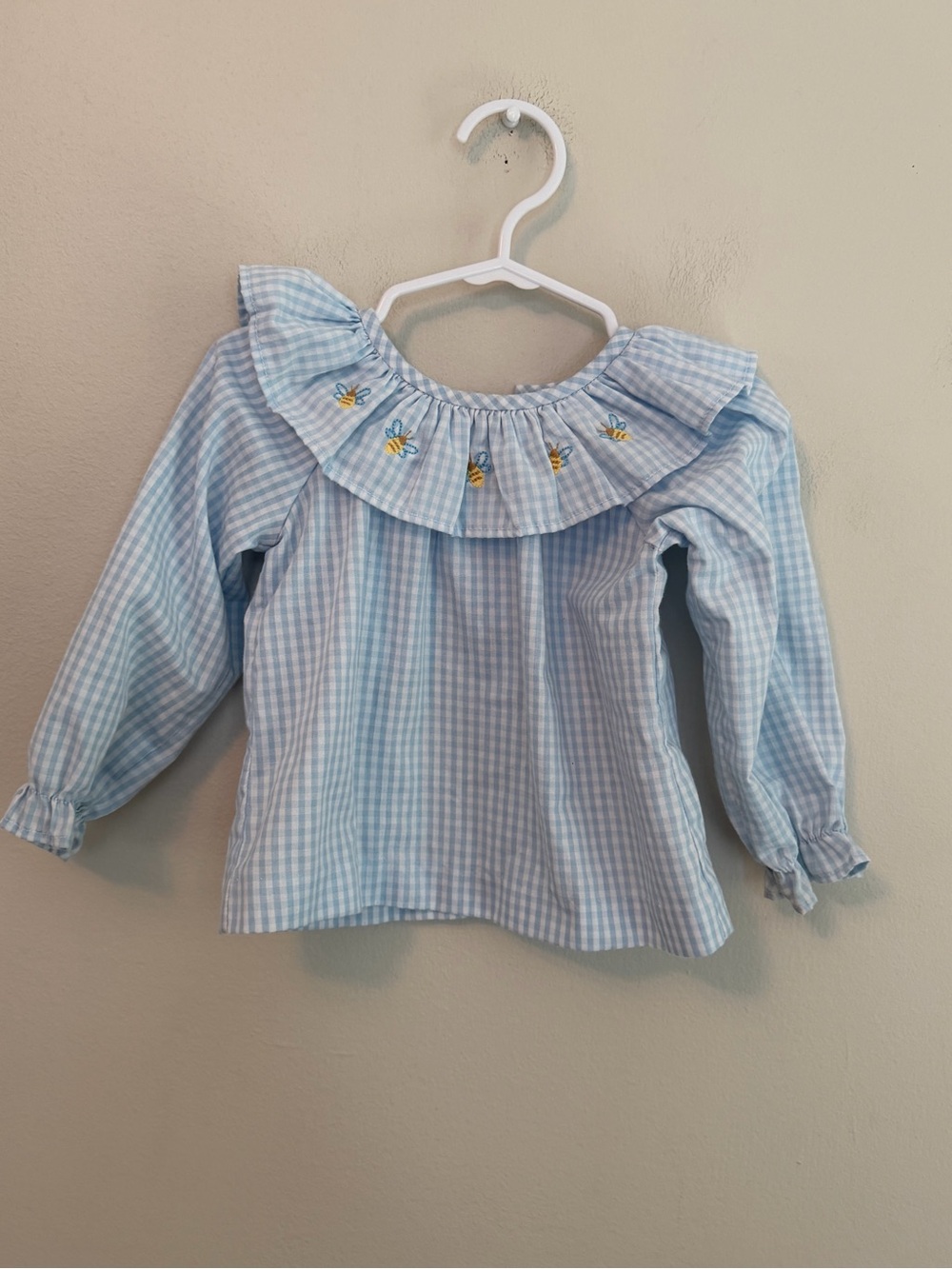 Little English Light Blue Gingham Ruffle Collar Top with Bee Embroidery